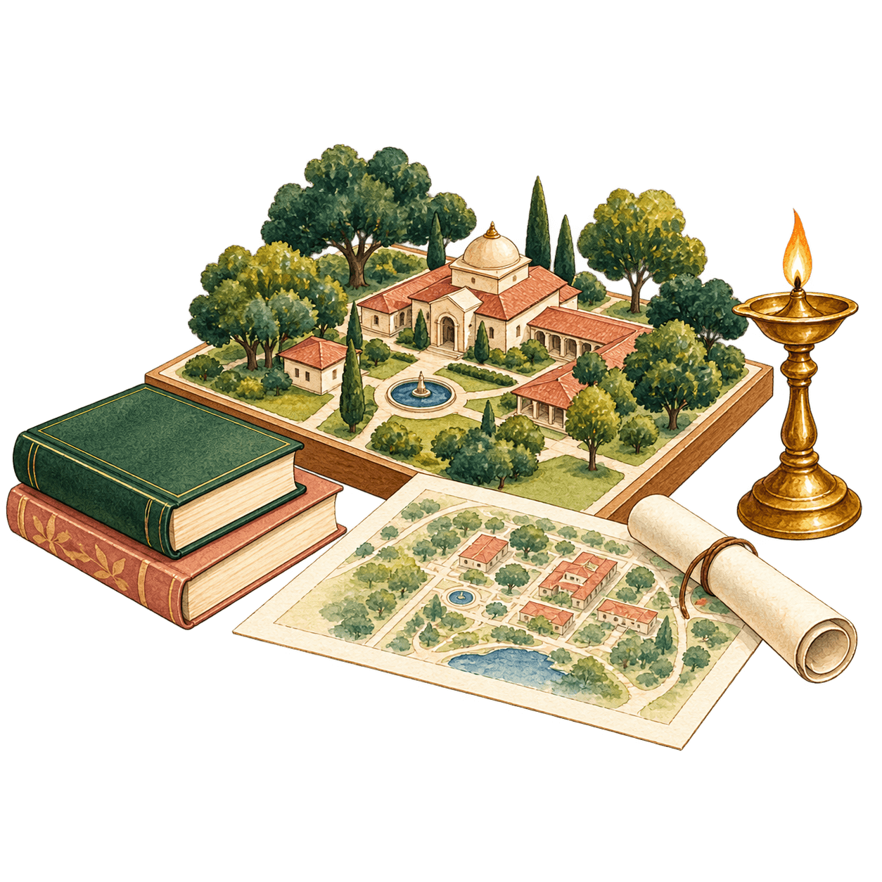 Illustration of books, plans, and a campus model
