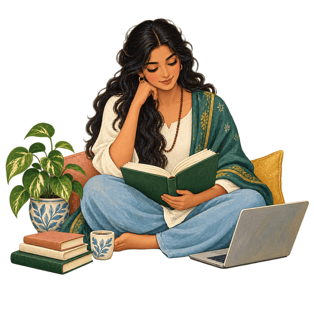 Illustration of a learner studying with a book and laptop