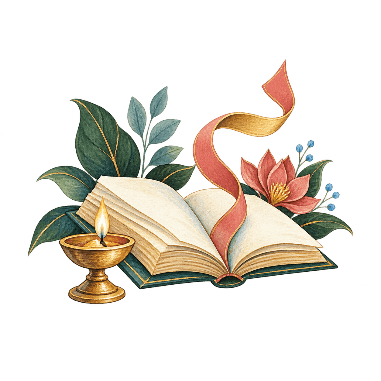 Illustration of an open book and lamp