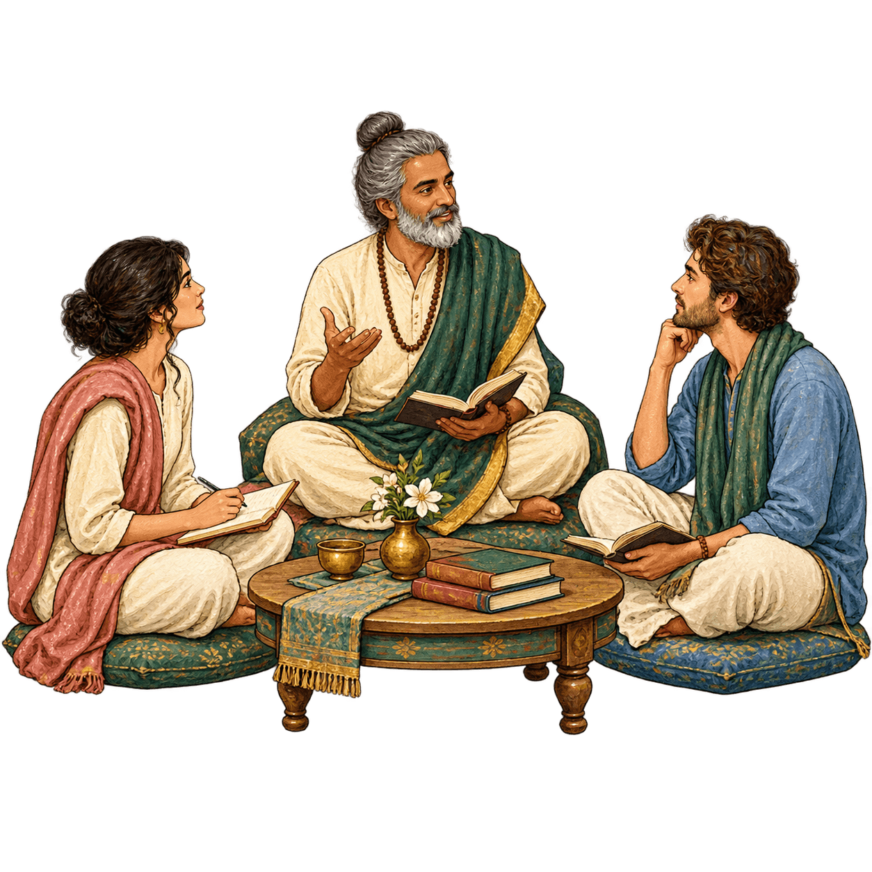 Illustration of a teacher and two students in discussion